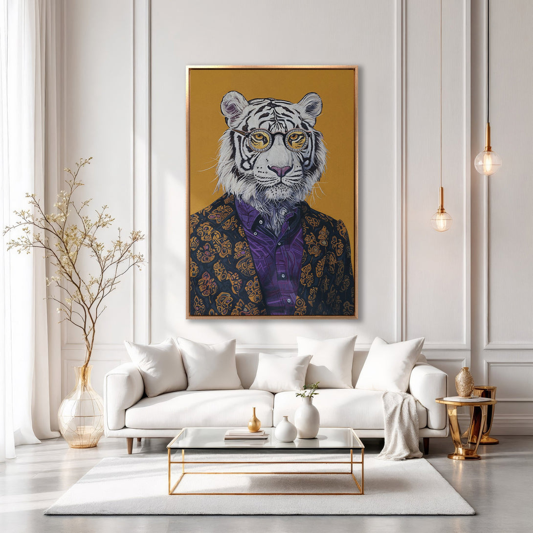 Framed Wall Art: Dapper tiger portrait in a modern living room. Featuring a stylish animal print, gold accents, and a warm color palette. Elevate your decor!