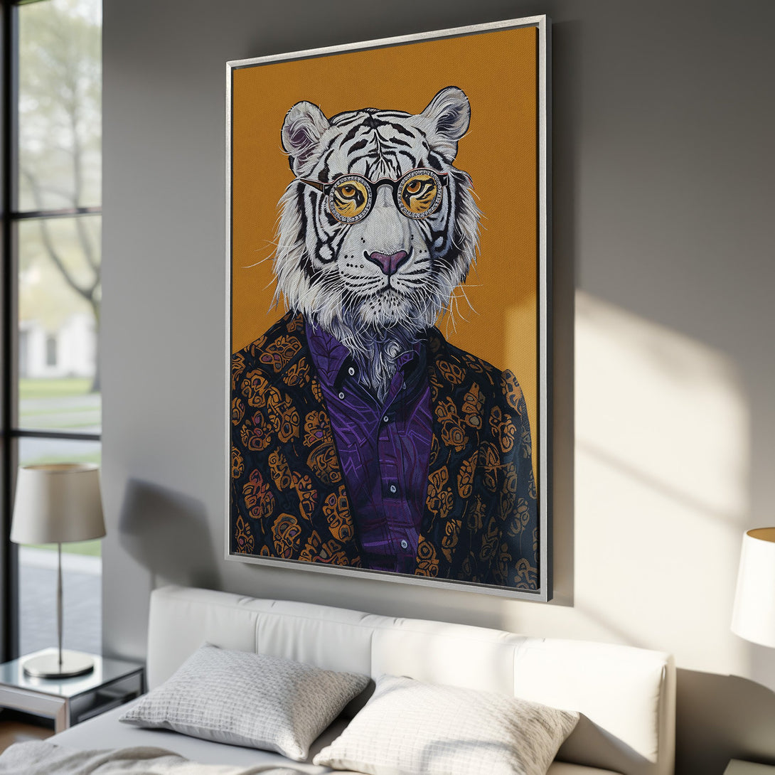 Framed Wall Art: Stylish tiger portrait in a suit with glasses, vibrant mustard and navy color palette. Perfect for adding personality to your home decor.