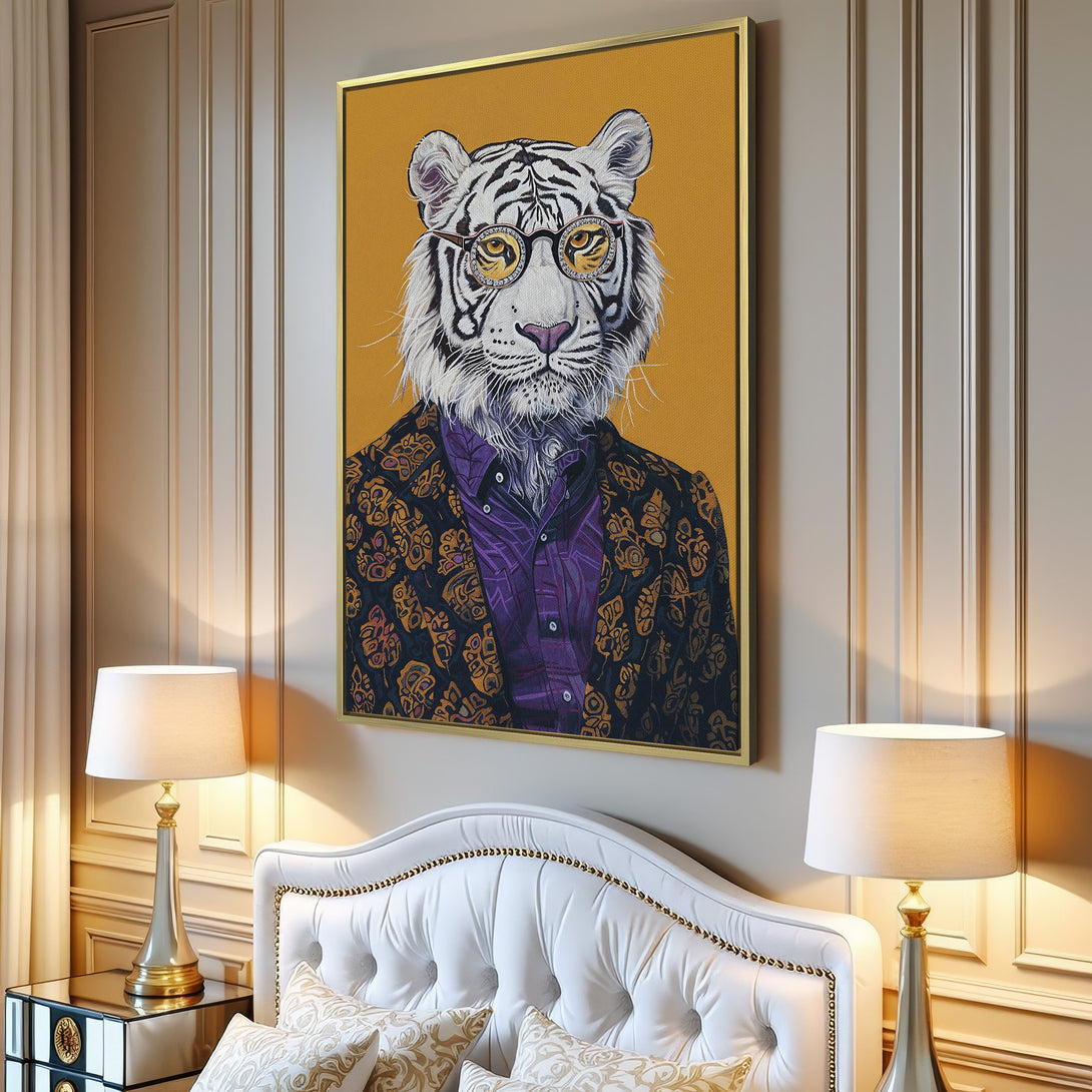 Canvas Print featuring a dapper tiger in a suit, with a pop art style and a vibrant yellow, purple, and black color palette. Perfect wall art!