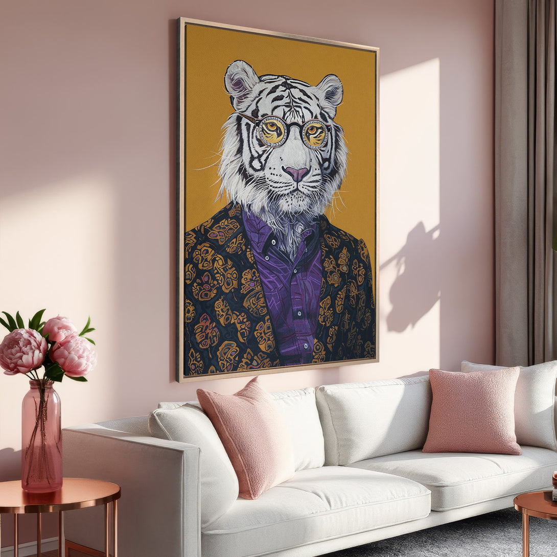 Framed Wall Art: Stylish tiger portrait in glasses. Bold yellow, purple, and gold color palette. Perfect for adding a touch of personality to your space.