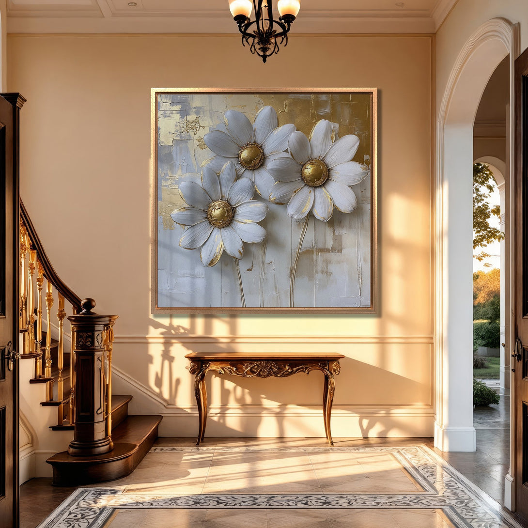 Framed Wall Art: Elegant white daisy Canvas Print with gold accents. Neutral color palette complements any interior. Shop now for stunning floral art!