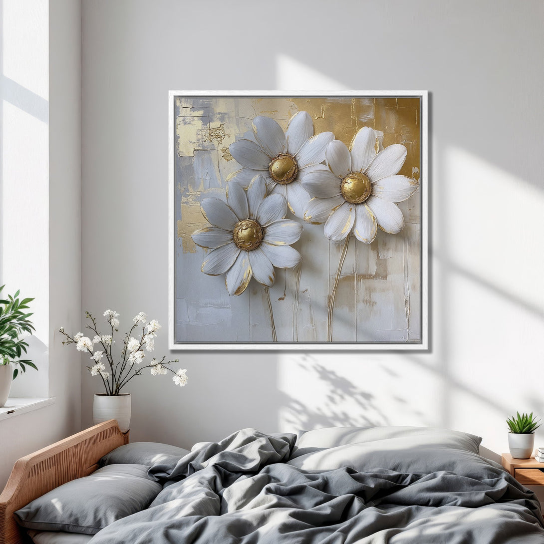 Framed Wall Art featuring elegant white and gold flower art, perfect for adding a touch of luxury to your bedroom decor. Canvas Print.