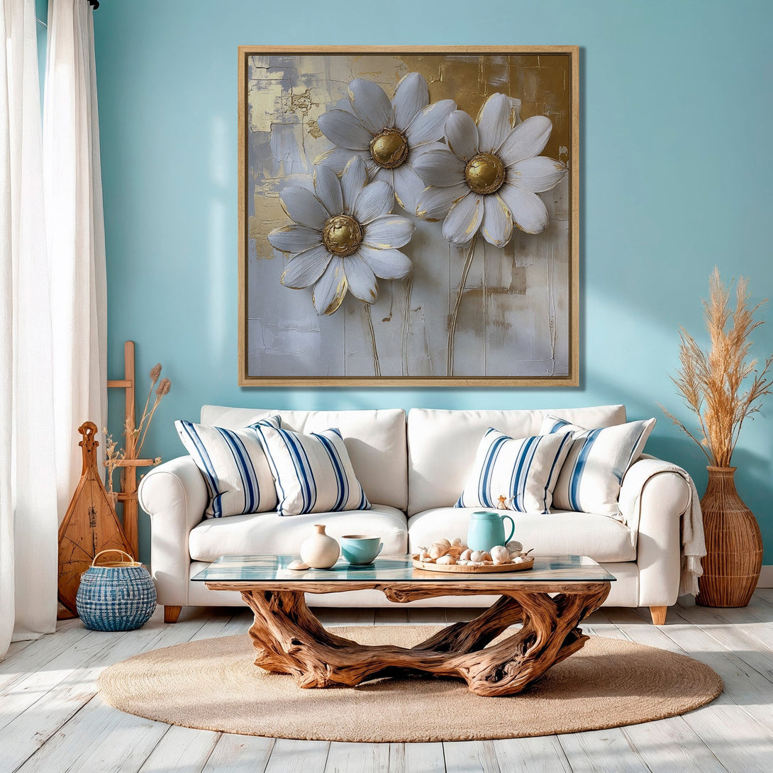 Framed Wall Art featuring white & gold floral abstract art. Modern canvas print with a neutral, coastal color palette. Perfect for living room decor.