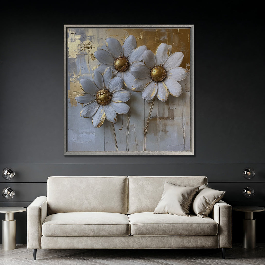 Framed Wall Art: Elegant floral canvas print with white & gold flowers. Modern art decor in a neutral color palette. Perfect for living room or bedroom.