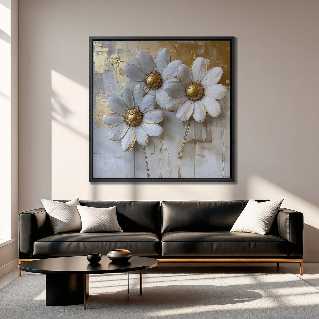 Framed Wall Art featuring elegant white & gold floral design. Adds a touch of luxury to any space. Modern, neutral color palette perfect for home decor.