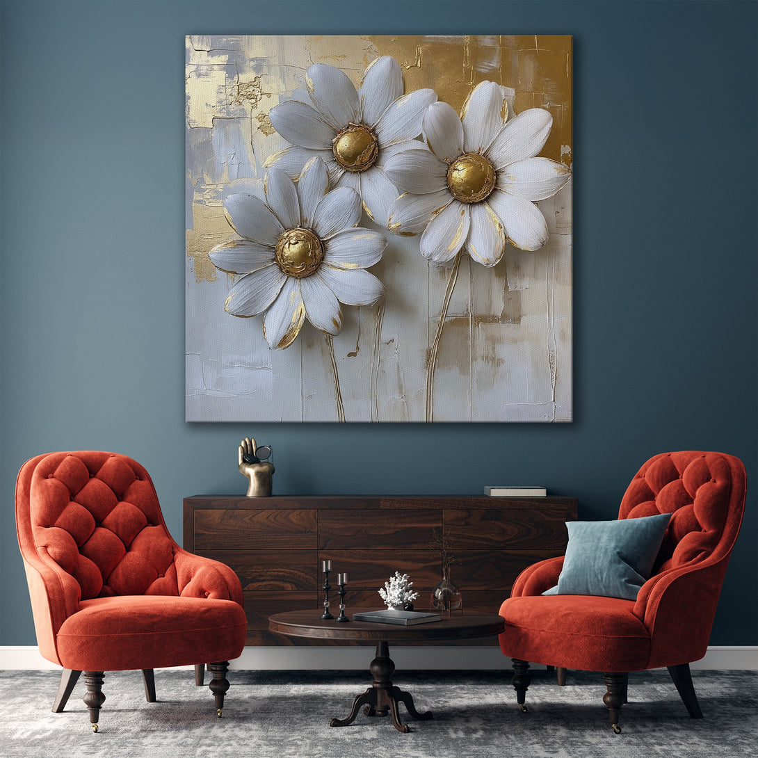 Framed Wall Art: Abstract floral canvas print in gold, white, and grey. Modern art for living room decor. Enhance your space with this elegant piece.