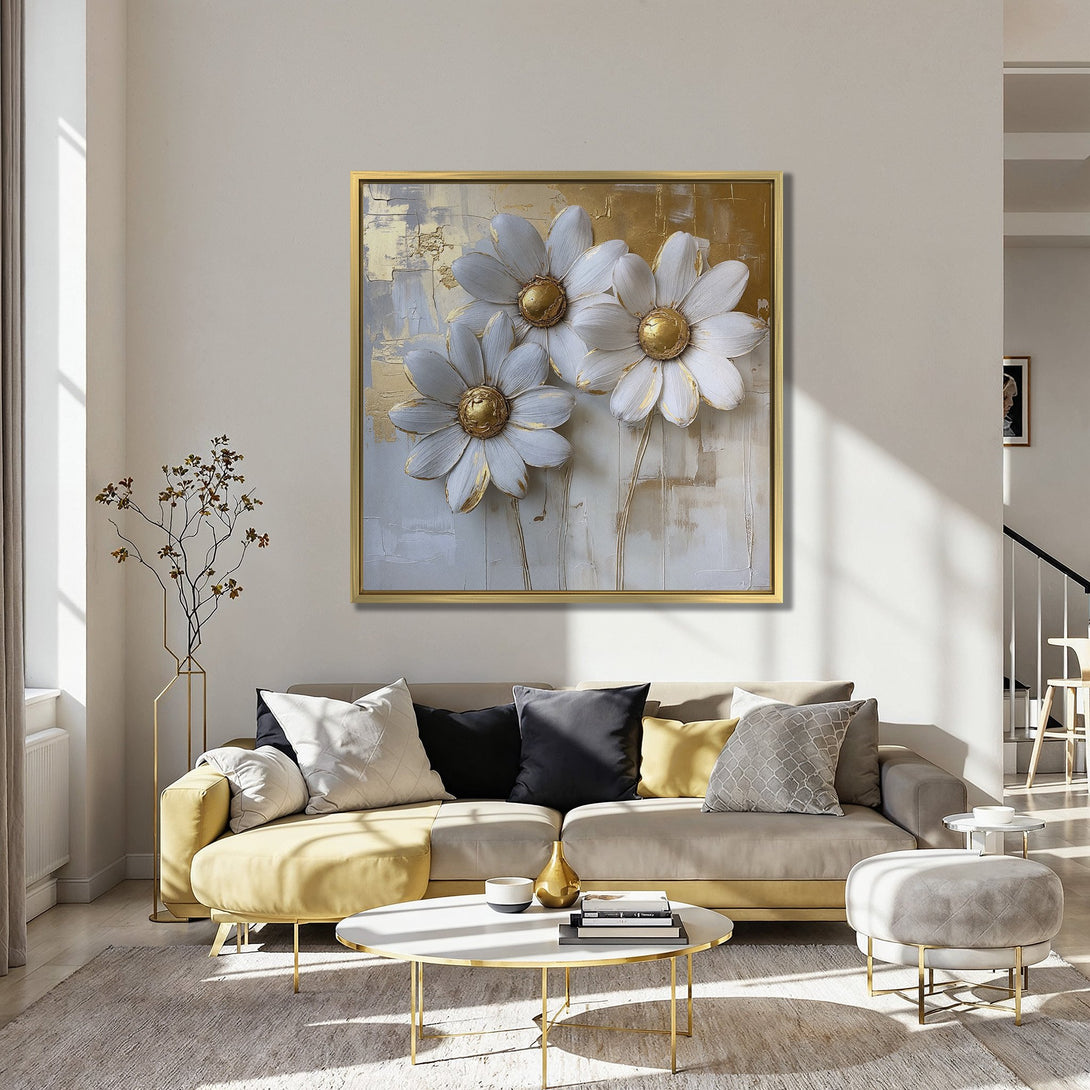 Canvas Print of white and gold floral artwork in a modern interior. Elegant, textured style with a neutral and warm color palette.
