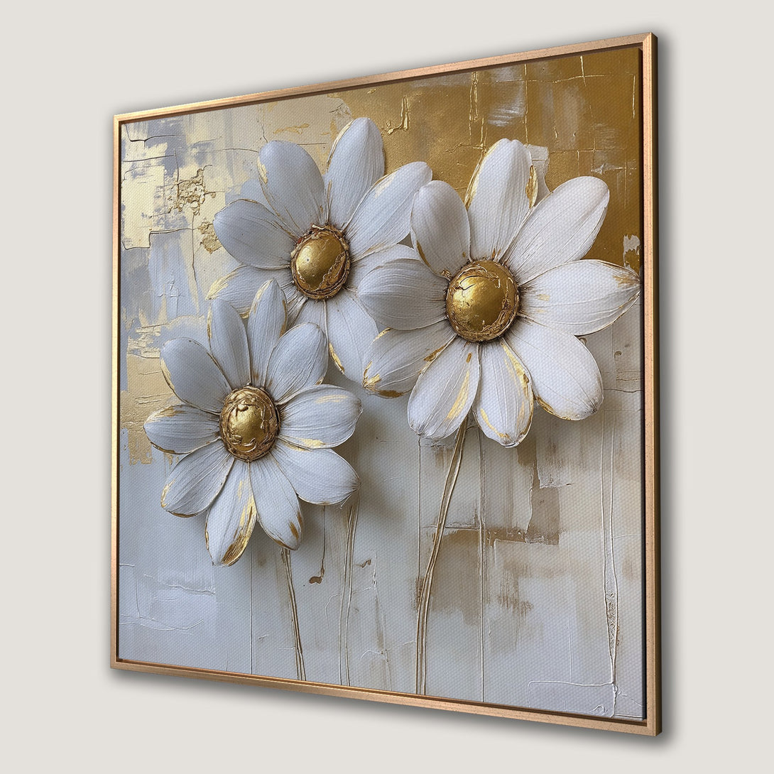 Framed Wall Art featuring textured white and gold daisies on a neutral background. Modern floral art with a luxurious, elegant feel.