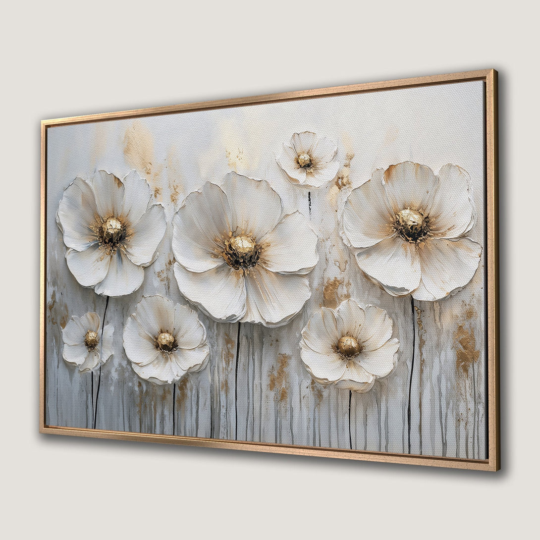 Framed Wall Art featuring textured white floral art with gold accents. Modern, elegant canvas print in a neutral color palette.