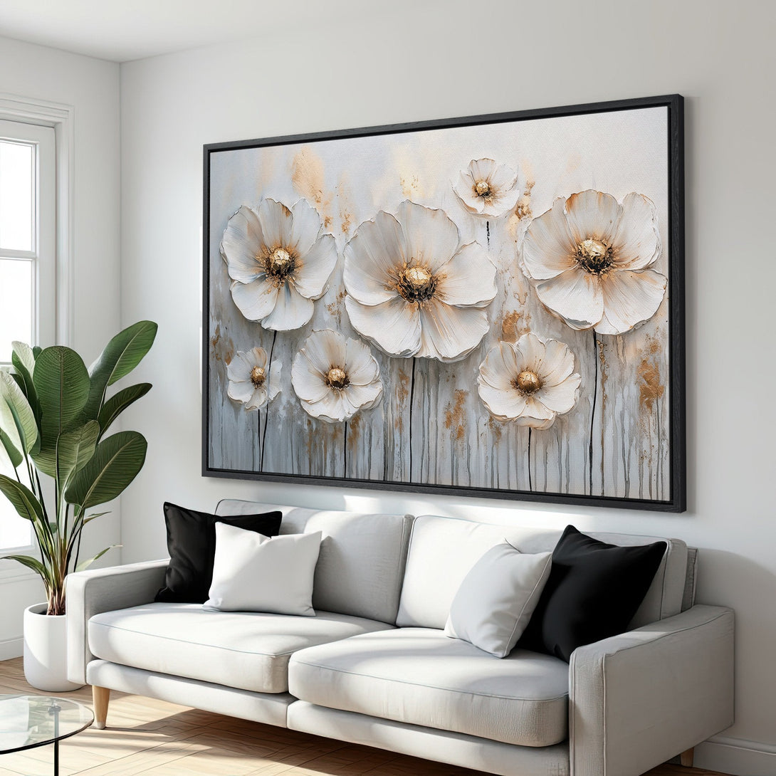 Framed Wall Art: Elegant floral canvas print in neutral tones. Modern style with white, gold, and gray color palette, perfect for any home decor.