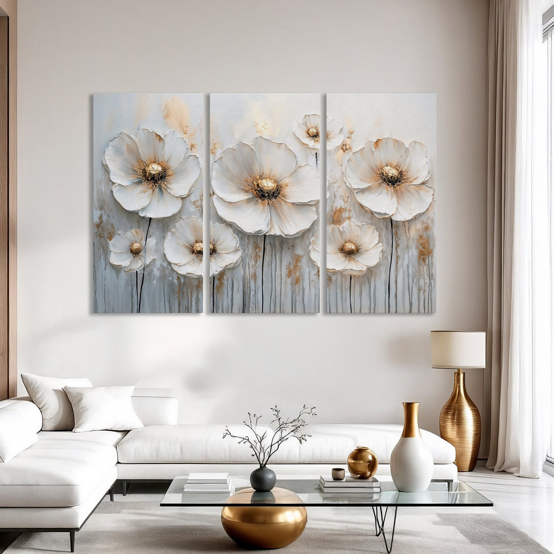 Canvas Print of elegant white floral artwork in a neutral color palette. Modern wall art for a sophisticated home.