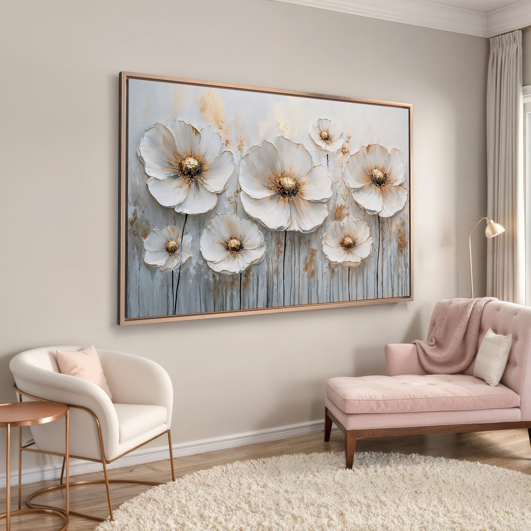 Framed Wall Art: Elegant floral canvas print in neutral tones with gold accents. Perfect for adding a touch of modern art to your living room.