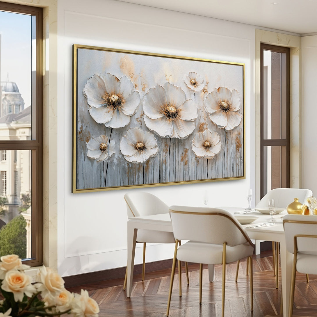 Canvas Print of elegant white floral artwork in a sophisticated green interior. Neutral and gold accents create a calming, stylish ambiance.