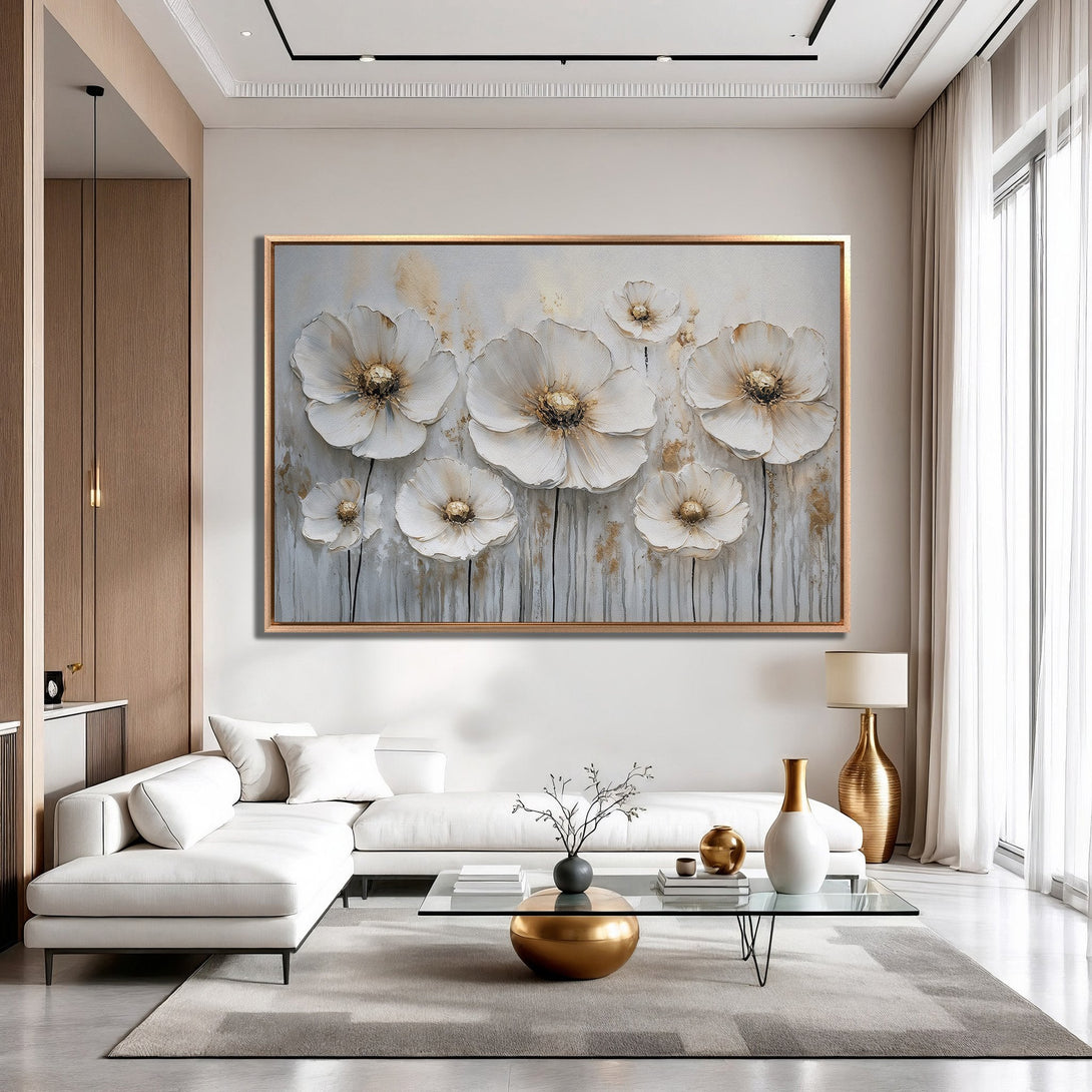 Framed Wall Art featuring elegant white floral design. Modern, neutral color palette with gold accents. Perfect for adding a touch of luxury to any space.
