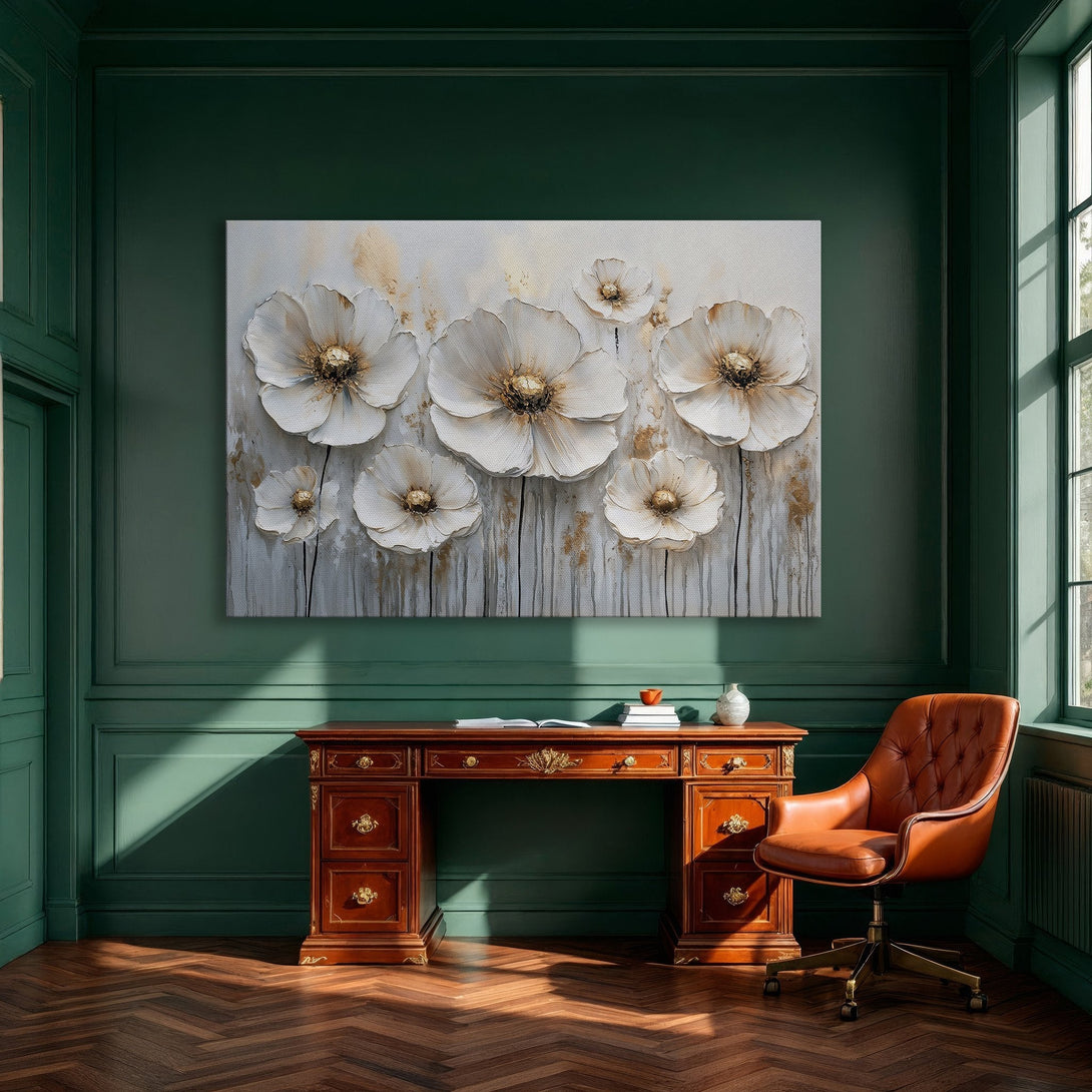 Framed Wall Art featuring elegant white flower art with gold accents. Perfect for modern interior decor, neutral color palette.