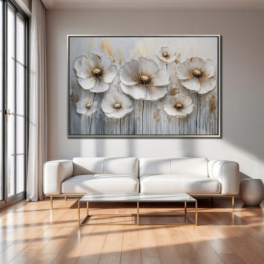 Framed Wall Art featuring elegant white flower art with gold accents. Modern decor in a neutral color palette. Elevate your space with this stunning piece!