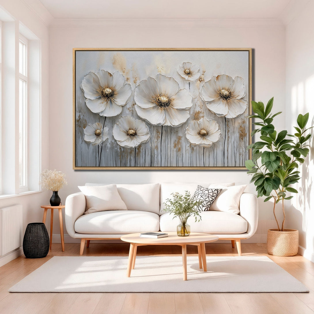 Framed Wall Art featuring white floral abstract design in a modern living room. Neutral color palette with gold accents. Elevate your space!