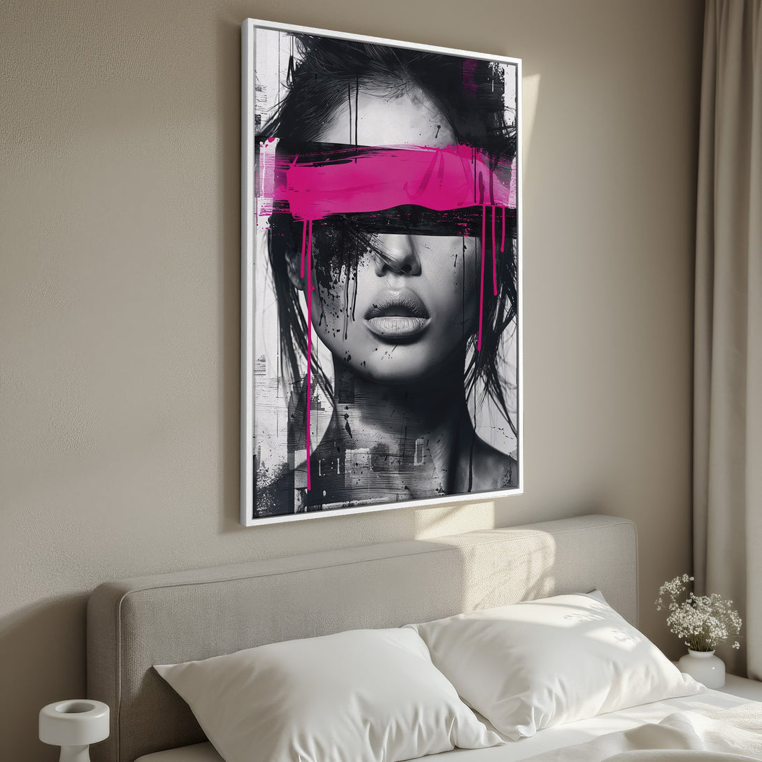 Framed Wall Art: Abstract portrait canvas print with black, white, and vibrant pink accents. Modern art for bedroom decor. Elevate your space with this unique piece.