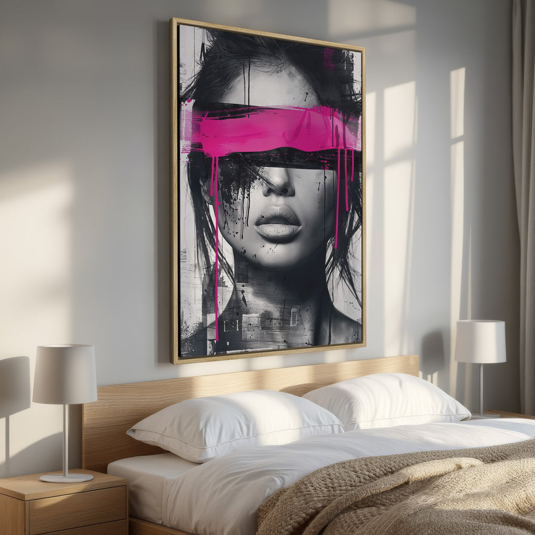 Framed Wall Art featuring a woman's face with a pink and black abstract design. Modern, stylish art piece with a grayscale and pink color palette, perfect for bedroom decor.