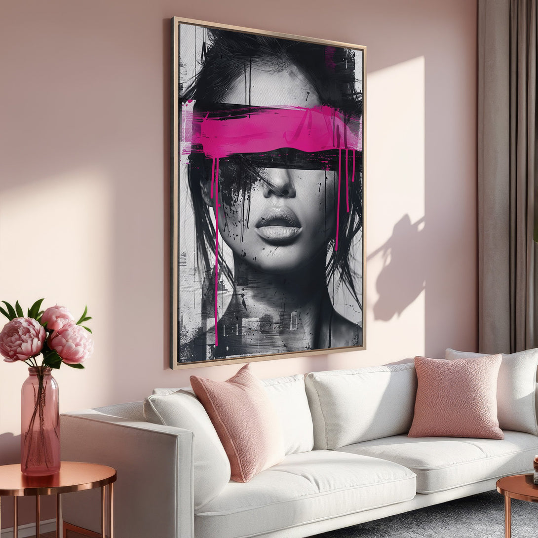 Framed Wall Art: Modern portrait with bold pink accents. Black & white face art on canvas, perfect for a stylish living room.