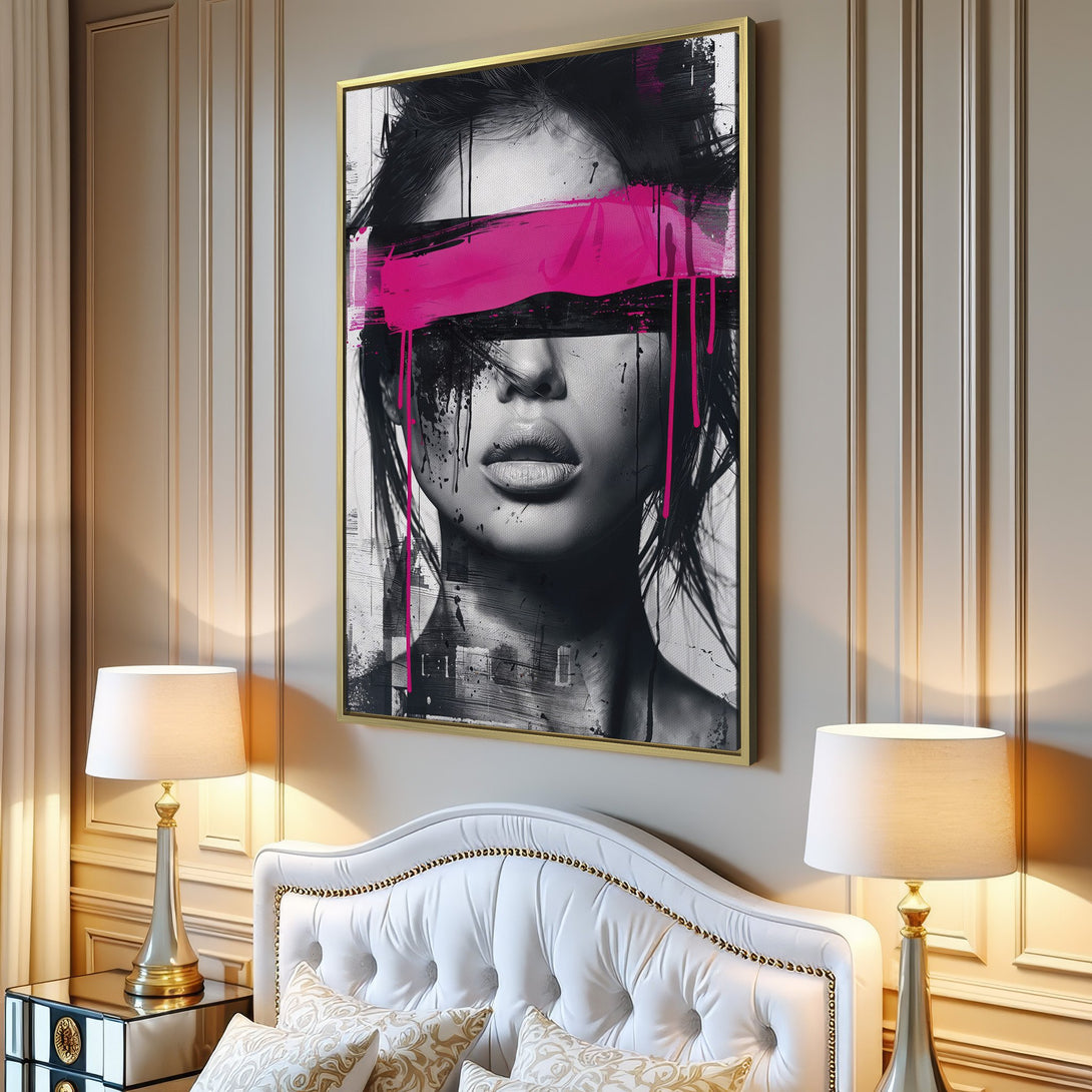 Canvas Print of a woman's face with pink paint, modern art style, black, white, and pink color palette. Perfect wall decor.