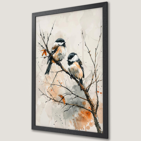 Framed Poster: Watercolor birds on a branch. Neutral tones with pops of orange. Perfect wall art for any space.