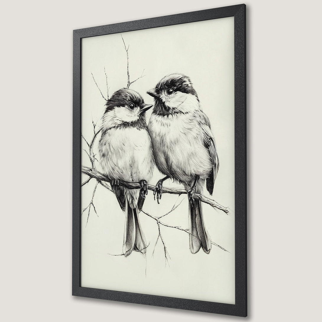 Framed Poster featuring a detailed pencil sketch of two birds on a branch. Elegant, monochrome art with a neutral color palette.