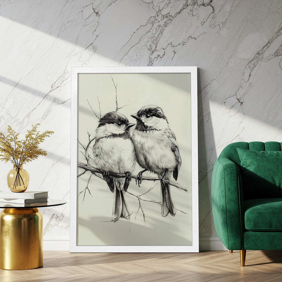 Framed Poster featuring a detailed black and white sketch of two birds on a branch. Elegant art with neutral tones.