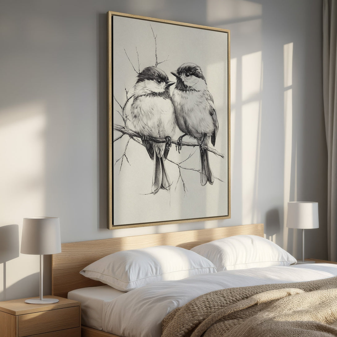 Framed Wall Art featuring a detailed black and white drawing of two birds on a branch. Perfect for adding a touch of nature to your bedroom decor.