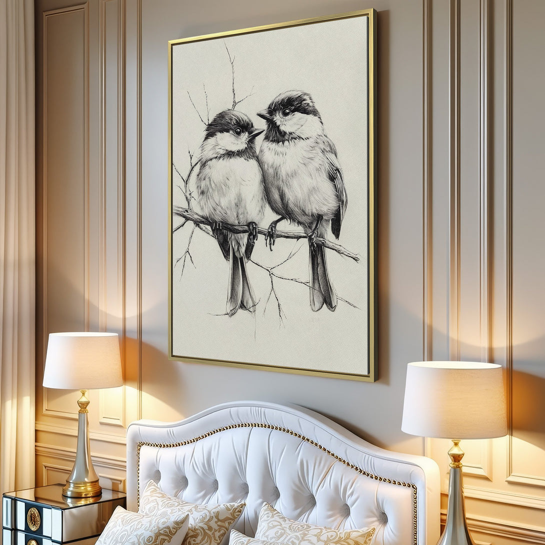 Canvas Print of two birds on a branch, a beautiful pencil sketch. Neutral color palette, perfect for a minimalist living room. Add art to your home!