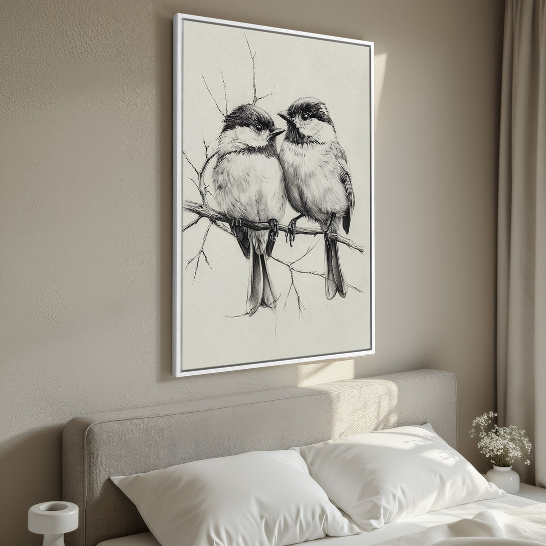 Framed Wall Art featuring a detailed bird sketch in black and white, perfect for adding a touch of nature to your bedroom decor. Neutral color palette.