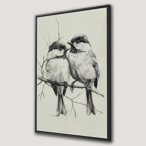 Framed Wall Art: Elegant black and white Canvas Print featuring two birds on a branch. Perfect for adding a touch of nature-inspired art to your home decor.