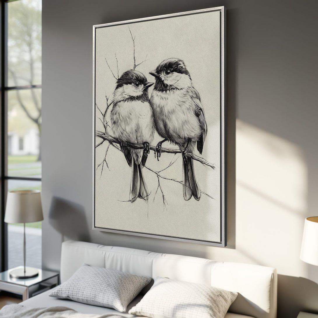 Framed Wall Art: Black and white sketch of two birds on a branch. Elegant artwork with a neutral color palette, perfect for bedroom decor.