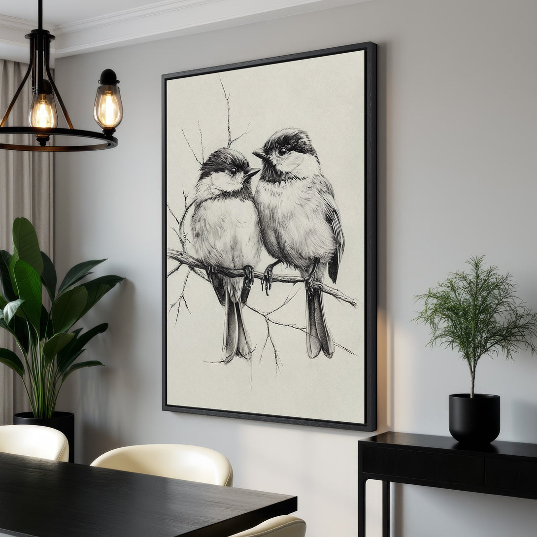 Framed Wall Art featuring a detailed black and white sketch of two birds on a branch. Perfect for adding a touch of nature-inspired elegance to your home.
