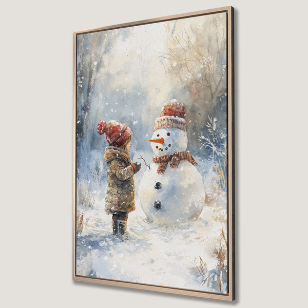 Framed Wall Art: Watercolor painting of a child building a snowman in a snowy winter scene. Featuring a warm, inviting color palette with blues, reds, and browns.