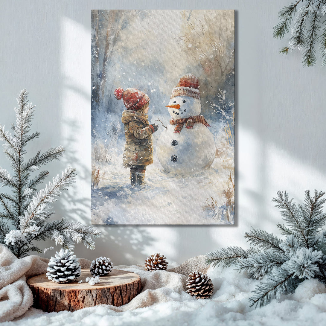 Framed Wall Art: Watercolor painting of a child building a snowman. Soft blues, browns, and reds create a cozy winter scene. Perfect holiday decor!