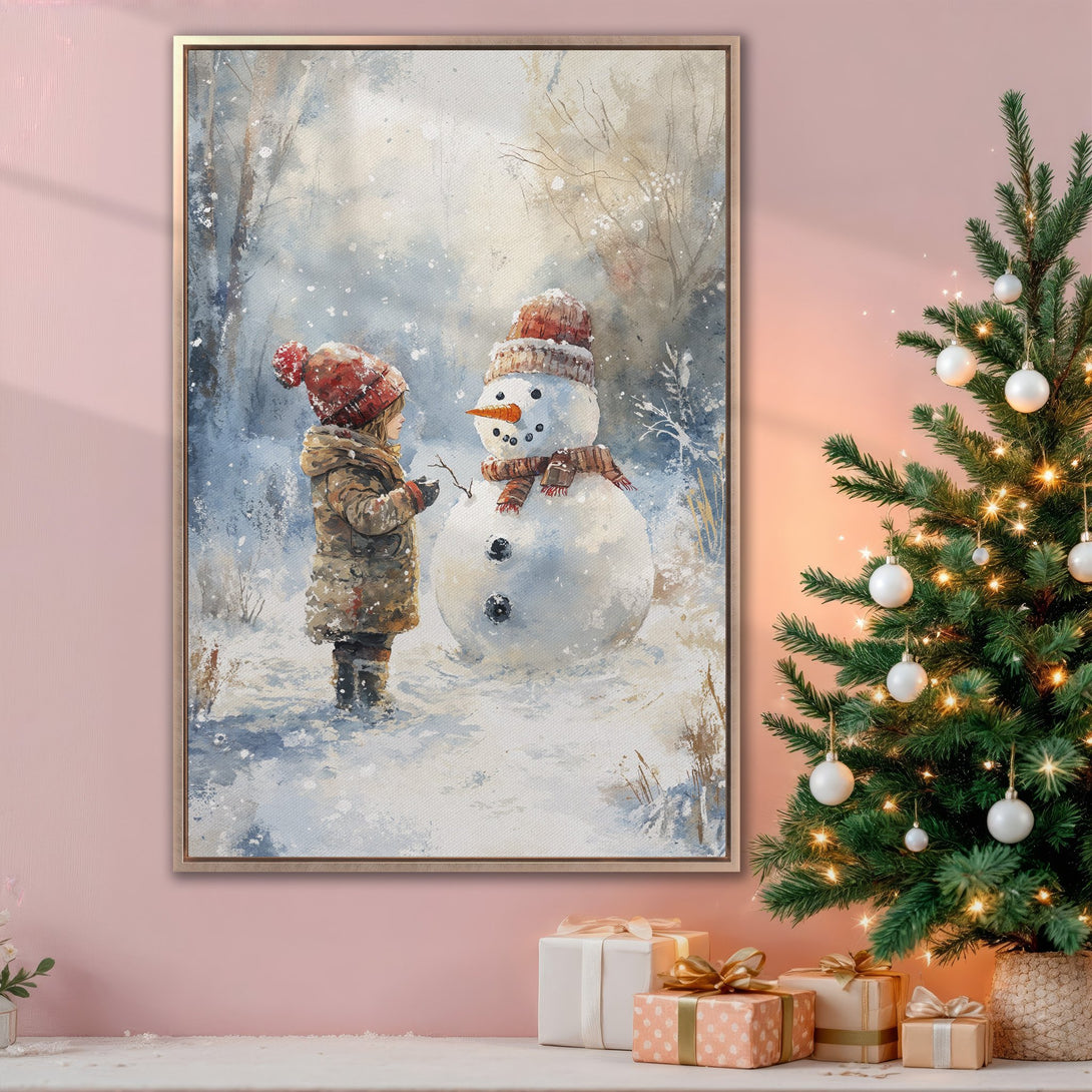 Framed Wall Art: Watercolor painting of child building a snowman in winter. Soft blue, white, and brown color palette. Perfect Christmas decor!