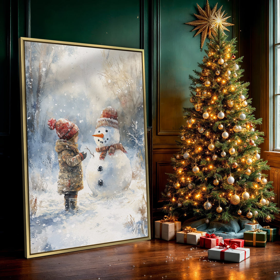 Canvas Print: Watercolor painting of a child building a snowman in a winter scene. Soft blue, white, and brown color palette, perfect for holiday decor.
