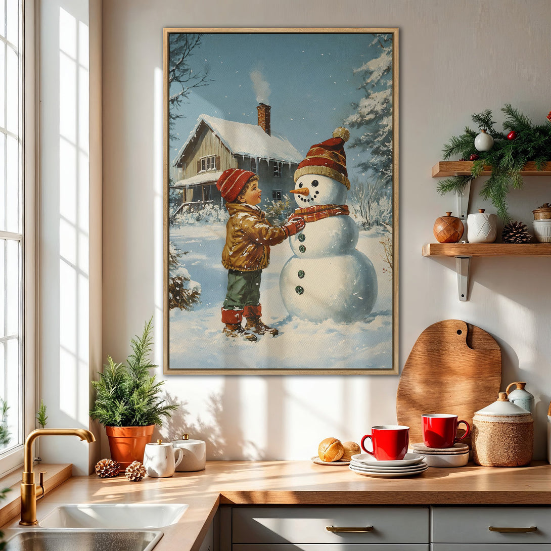 Framed Wall Art featuring a vintage winter scene with a child building a snowman. Classic style, blue, white, and red color palette. Perfect holiday decor.