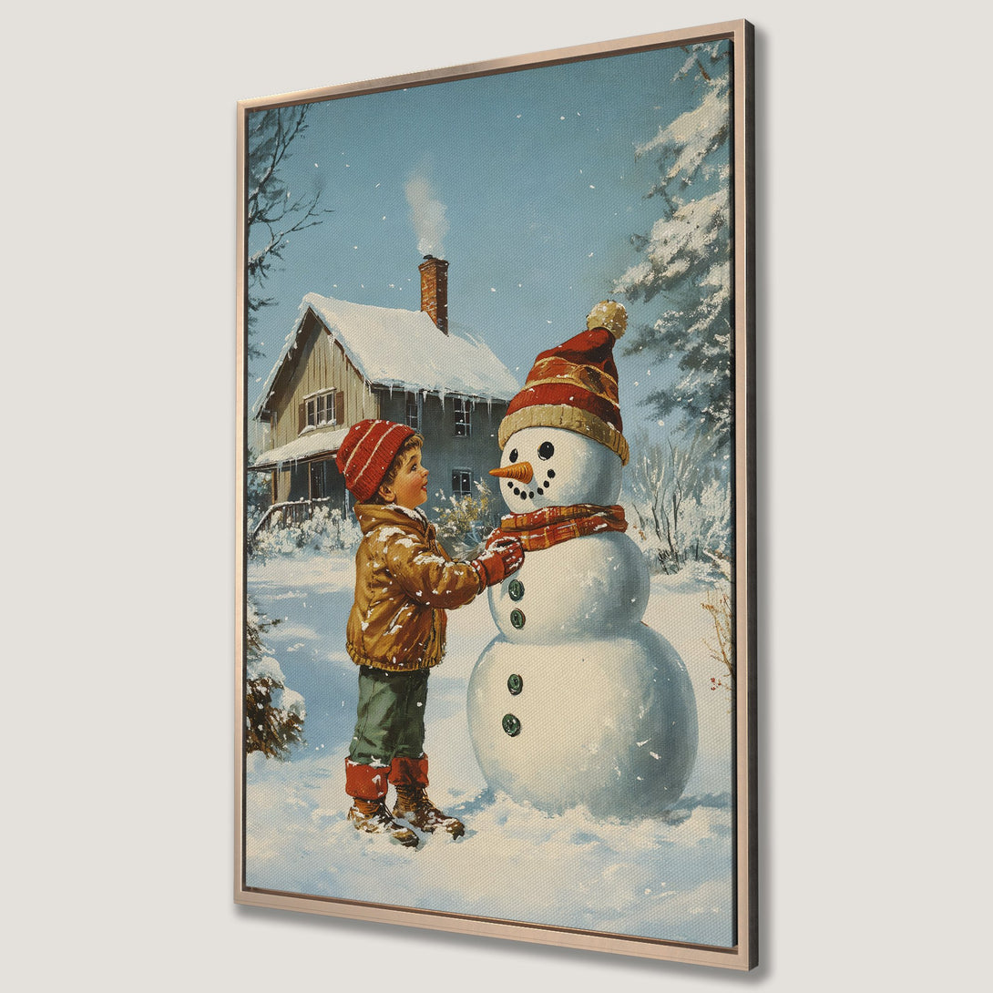 Framed Wall Art: Vintage winter scene of a child building a snowman, in a cozy, nostalgic style with a blue and brown color palette. Perfect for holiday decor!