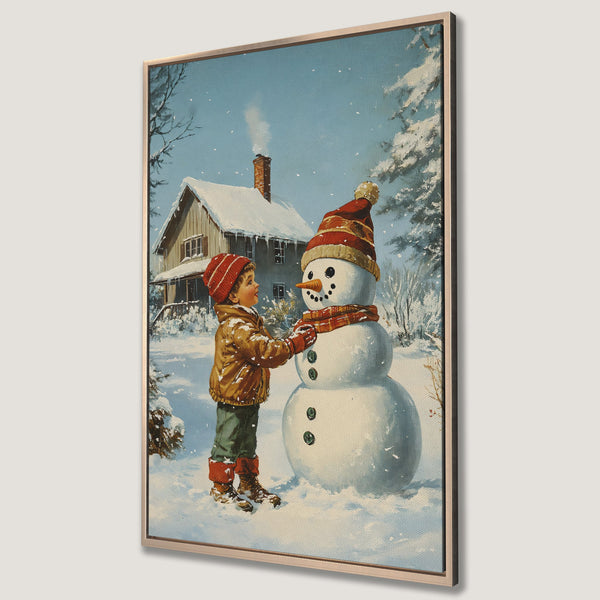 Framed Wall Art: Vintage winter scene of a child building a snowman, in a cozy, nostalgic style with a blue and brown color palette. Perfect for holiday decor!