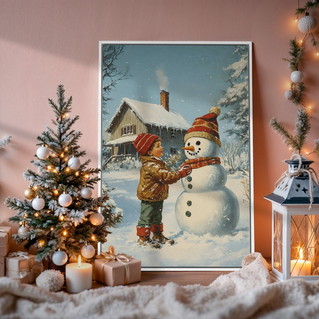 Framed Wall Art: Vintage winter scene with a boy building a snowman. Cozy, nostalgic art in a blue, red, and white color palette. Perfect for holiday decor!