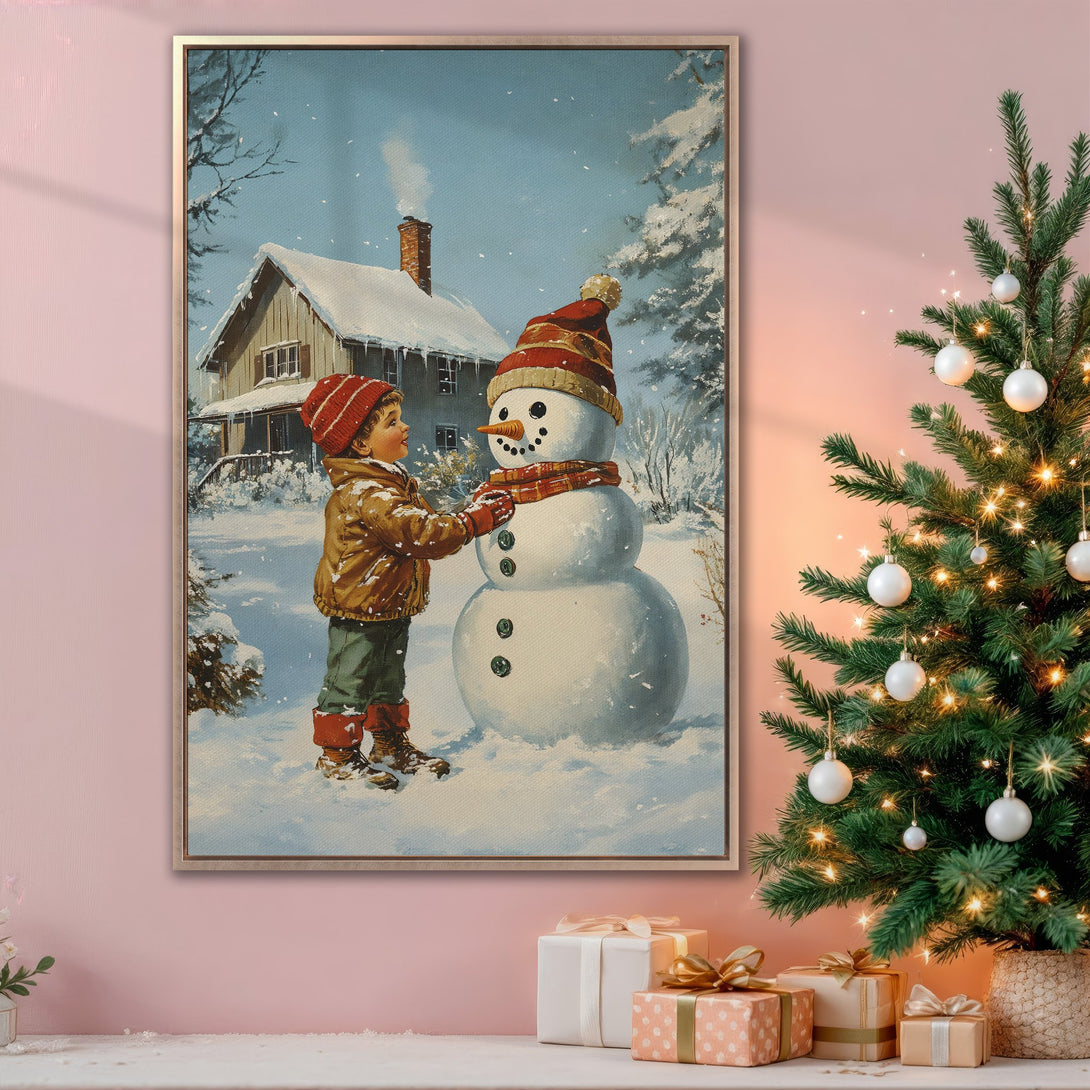 Framed Wall Art: Vintage winter scene with a child building a snowman. Classic style, soft blue, white, and red color palette. Perfect for holiday decor!