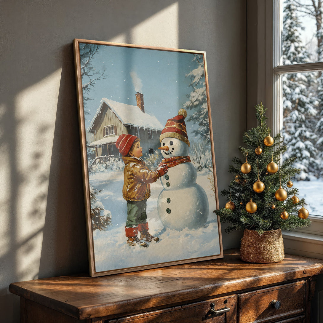 Framed Wall Art: Vintage winter scene Canvas Print featuring a child building a snowman. Soft blue, white, and brown color palette, perfect for cozy decor.