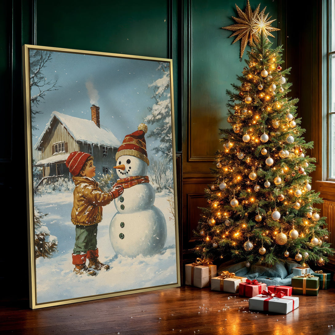 Canvas Print of a heartwarming winter scene. A child building a snowman in a vintage style, with a soft blue and red color palette. Perfect holiday decor!