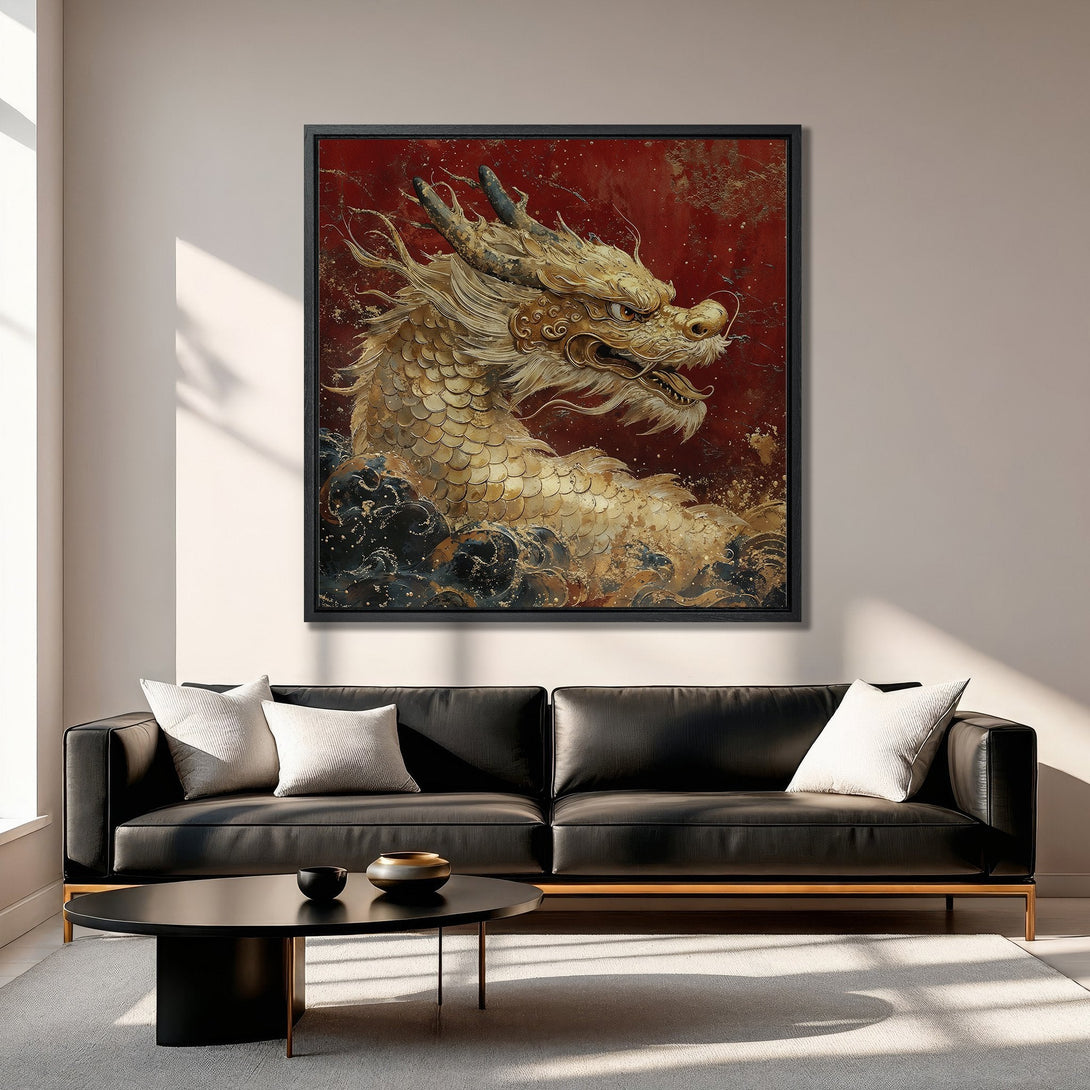 Framed Wall Art: Majestic golden dragon canvas print. Dramatic artwork with a red and gold color palette, perfect for adding a touch of luxury to your home decor.