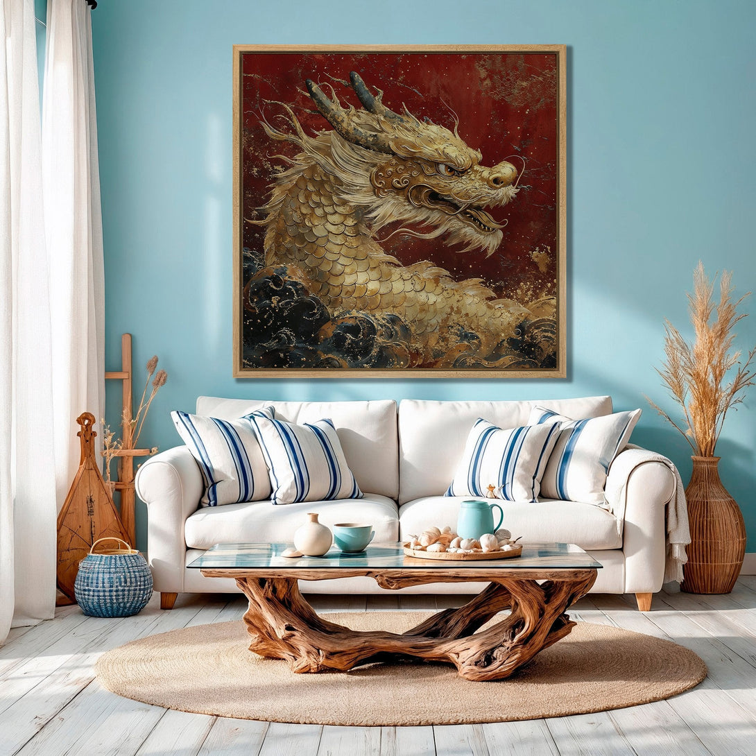 Framed Wall Art: Majestic golden dragon canvas print. Stunning Asian-inspired artwork with a rich red and gold color palette, perfect for adding a touch of elegance.
