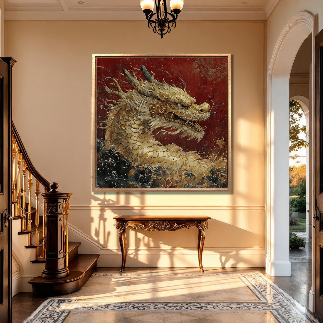 Framed Wall Art: Majestic golden dragon canvas print on a red background. Adds a touch of luxury and elegance to any interior with its rich color palette.