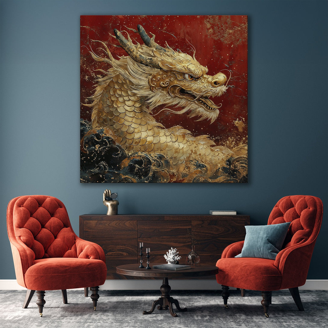 Framed Wall Art: Majestic golden dragon canvas print in a modern interior. Rich red, gold, and black color palette. Perfect statement piece for any room.