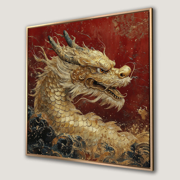 Framed Wall Art: Majestic golden dragon artwork on a red background. Stunning Asian-inspired canvas print for your home decor.